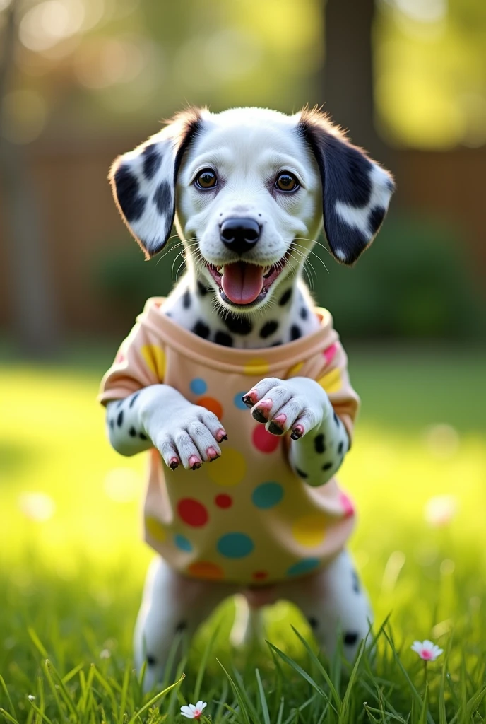 Dalmatian puppy standing facing forward with front legs raised。Human clothing。It has large eyes, a human-like expression, and a lovely smile.。Slightly larger head than body。
The background is the daytime lawn。