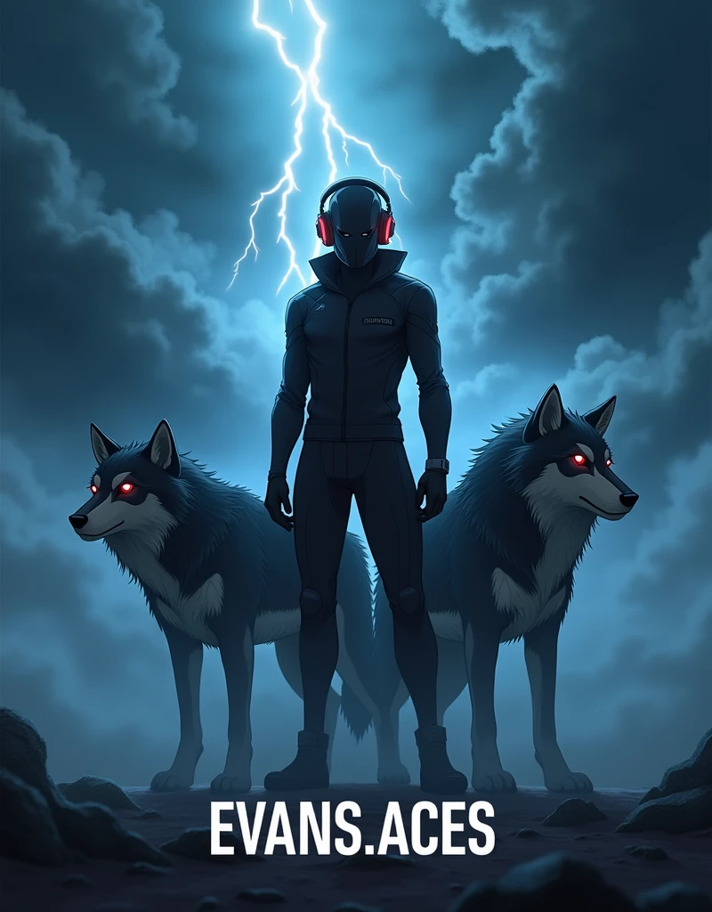 anime, wear a headphone and mask, lazer katana, mistrious fog, 2 wolf stand near like horror, dark night, 8k, hd, sky lightning, text in bottom Evans Aces