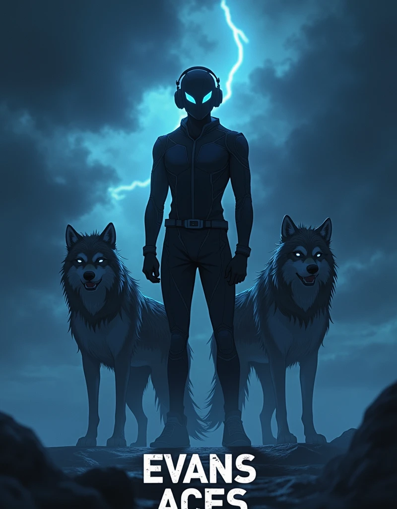 anime, wear a headphone and mask, lazer katana, mistrious fog, 2 wolf stand near like horror, dark night, 8k, hd, sky lightning, text in bottom Evans Aces