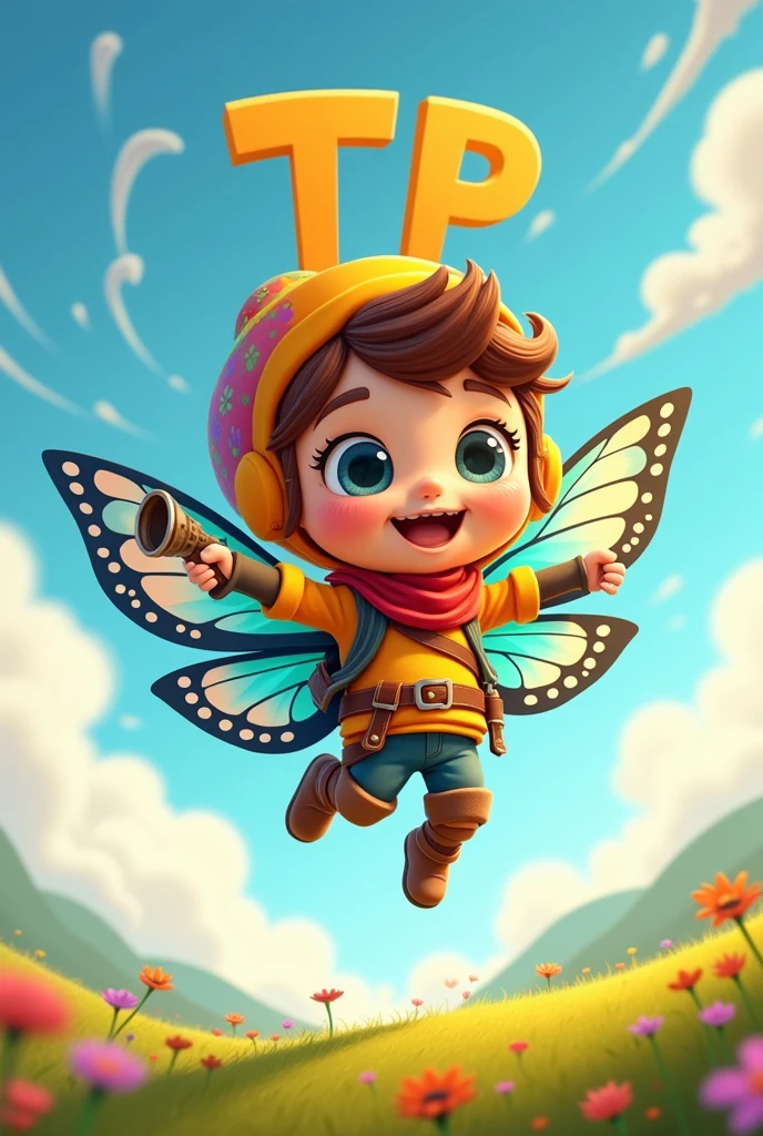 A cartoon character with a slingshot and the letter TP has wings