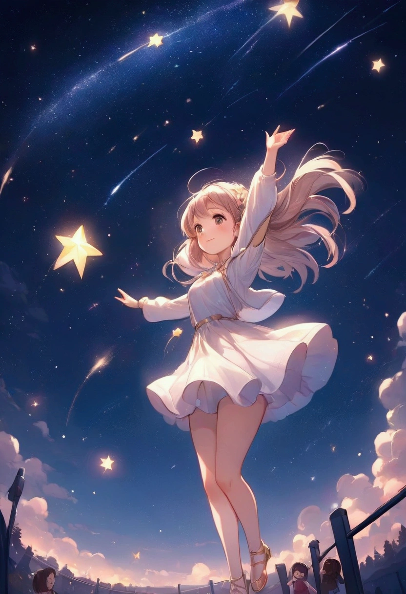A sky full of stars, twinkling stars, Twinkle Twinkle Little Star, shooting stars, A cute girl happily dancing twinkling stars, low-angle view, cartoon like illustration