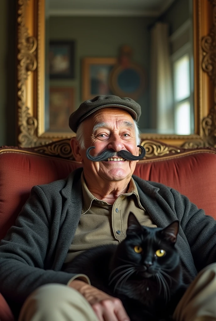 87 year old bald grandfather, with a cap that is too small for him . Moreno with a mustache similar to Charlie Chaplin. chubby. small eyes . Dressed in a ruana, sitting on a sofa with a large mirror behind him. Next to the grandfather there is a cat. black mustache
