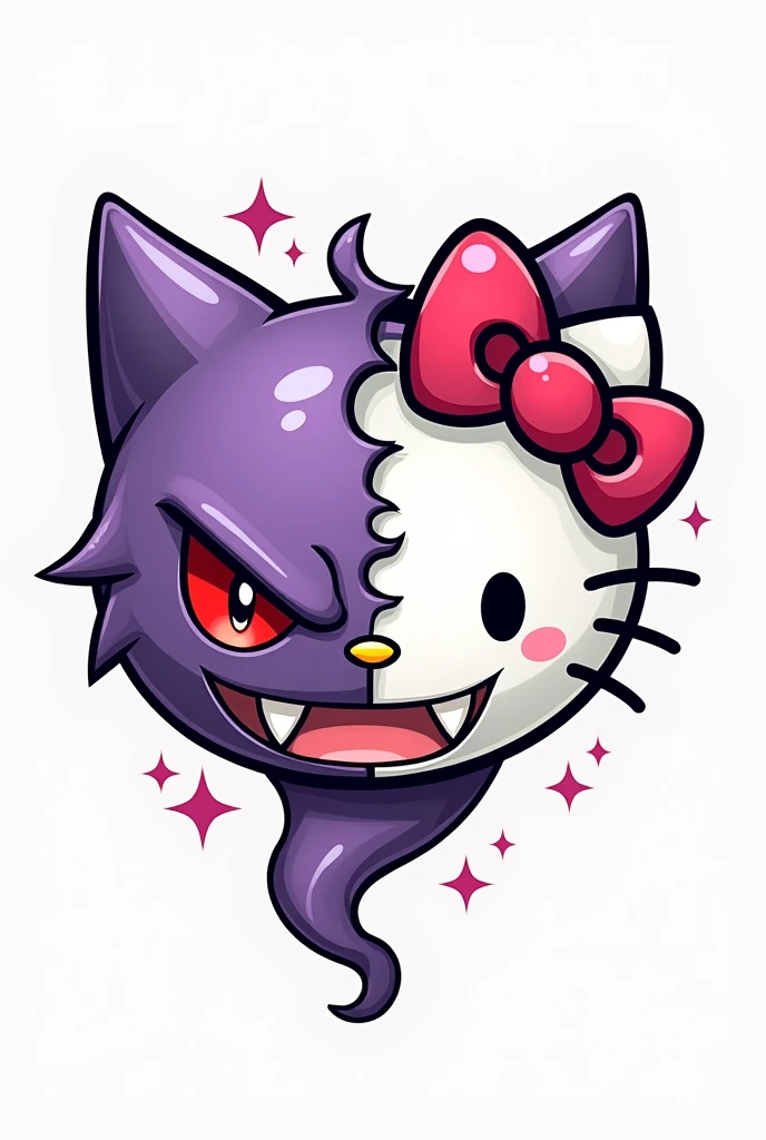 Gengar and hello kitty, only faces, tattoo design, White background
