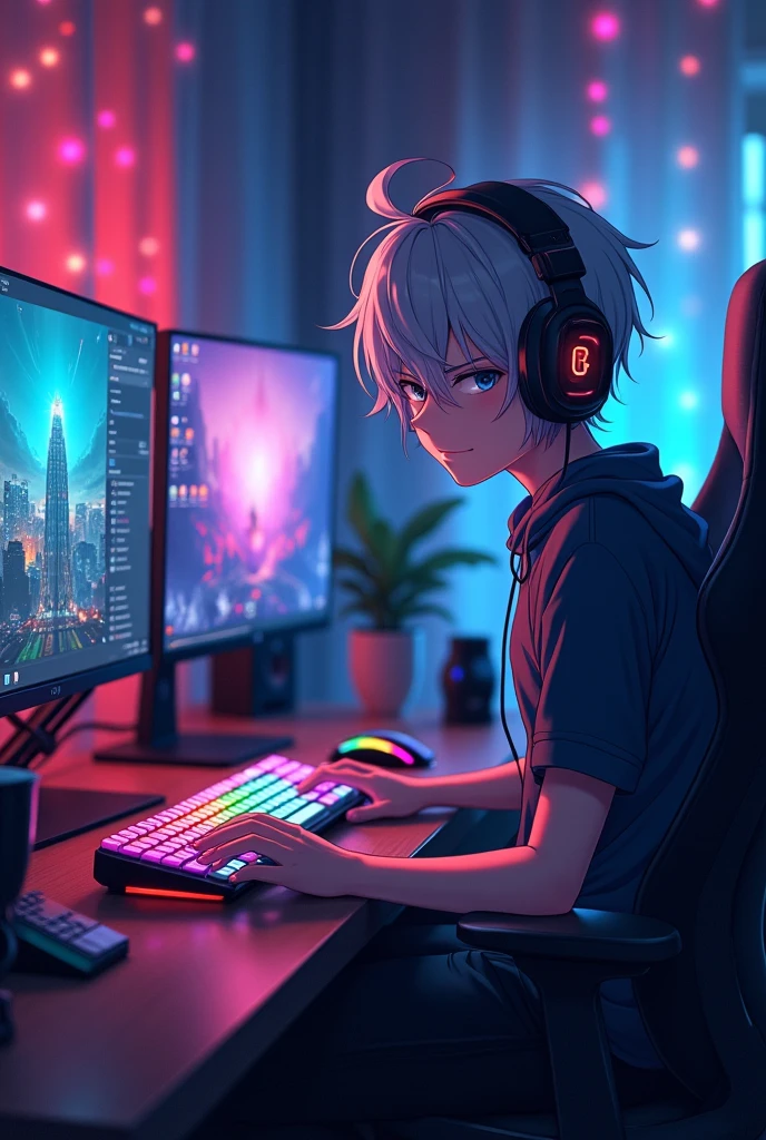 playing a game、anime character young boy full body sitting gaming computer、2Monitors、dark room、wearing headphones、gray hair、A sly smile、night room、gaming keyboard、Gaming Mouse、gaming pc、facing this way infront 、white hair、silver hair、暗いnight room、Rainbow LED keyboard、Colorful LED keyboard、Colorful LED Mouse