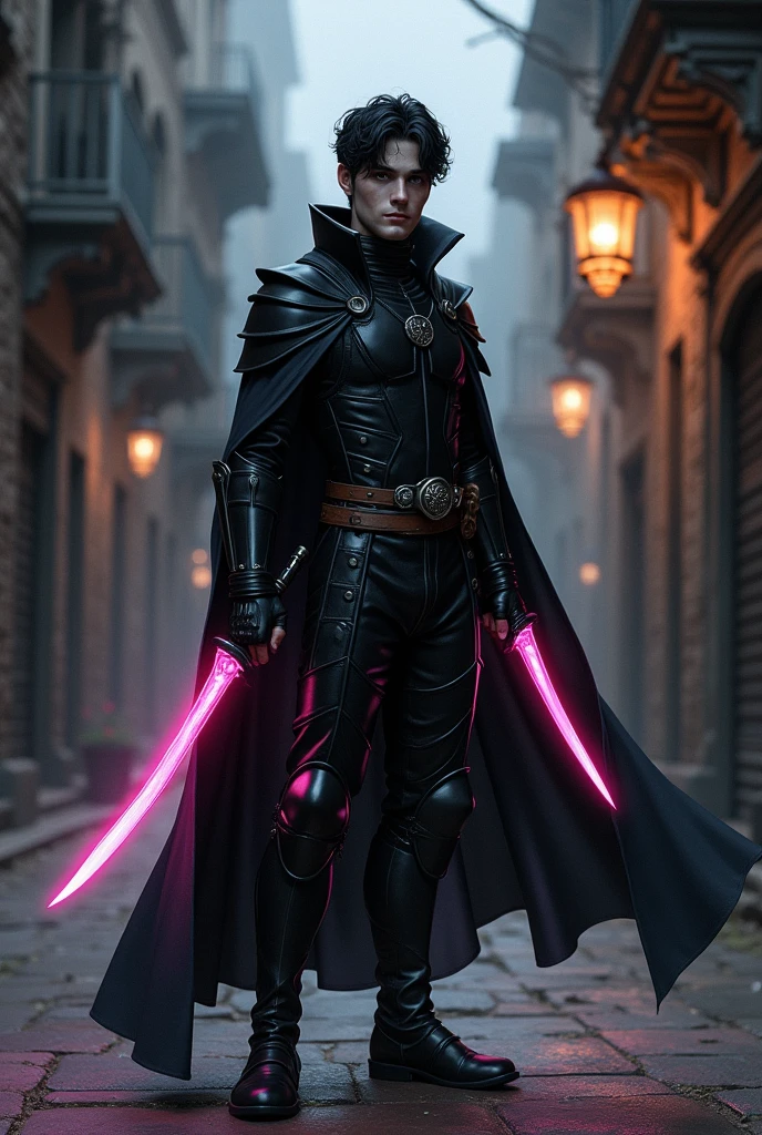 dnd, dungeons and dragons, lightfoot halfling, rogue, short, little person, adult, assassin, psychic, solo, single person, pale white skin, short wavy black hair, light grey eyes, handsome, male, skinny, comic book, graphic novel, black leather armor, black cloak, mask covering nose and mouth, short pink ethereal knives in both hands, magic, ((masterpiece, best quality)), trending artwork