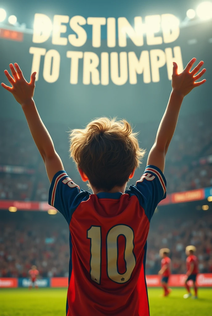 (photorealism:1.2), A boy, celebrating a goal with his back to the goal, with arms up, with number 10 and captain&#39;s armband, let the drama be seen, the boy with brown hair, that looks like a series cover and is called DESTINED TO TRIUMPH with a tagline that says &quot;When the toughest rival is at home, the real fight begins&quot;