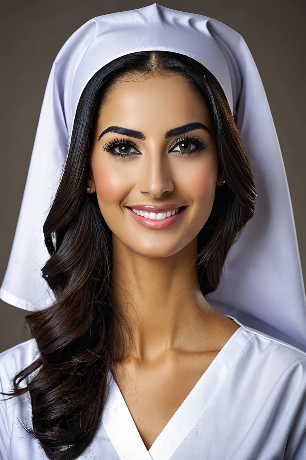 A Arab nurse is often of slim or medium build, with dark eyes and hair. They often have an olive complexion, with a lean face and a slightly etched or curved smile. They usually have delicate features that create a sense of beauty and grace. Some typical features of these nurses include long dark eyelashes, long, dark, untamed hair, a thick black brow, and a hint of a widow's peak on their forehead. They often have a low voice and a calming manner.