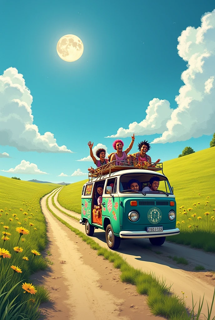 medieval van of wandering punk male artists drives along a dirt road in the middle of a field. cheerful atmosphere. the sun is high in the blue sky. summer. van in the distance