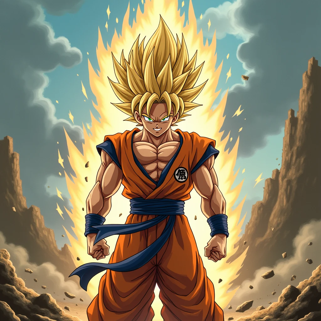 son goku, 1boy, angry, battle damage, blonde hair, blue sash, clenched teeth, furious, green eyes, male focus, muscular, muscular male, pectorals, sash, solo, spiked hair, super saiyan, super saiyan 1, teeth, topless male, torn clothes, wristband, ((masterpiece))