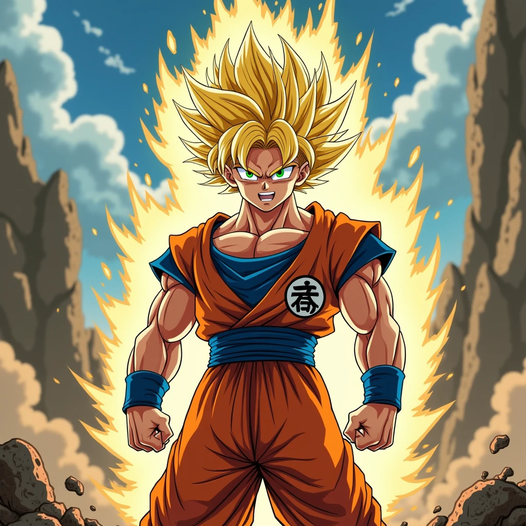 son goku, 1boy, angry, battle damage, blonde hair, blue sash, clenched teeth, furious, green eyes, male focus, muscular, muscular male, pectorals, sash, solo, spiked hair, super saiyan, super saiyan 1, teeth, topless male, torn clothes, wristband, ((masterpiece)) 