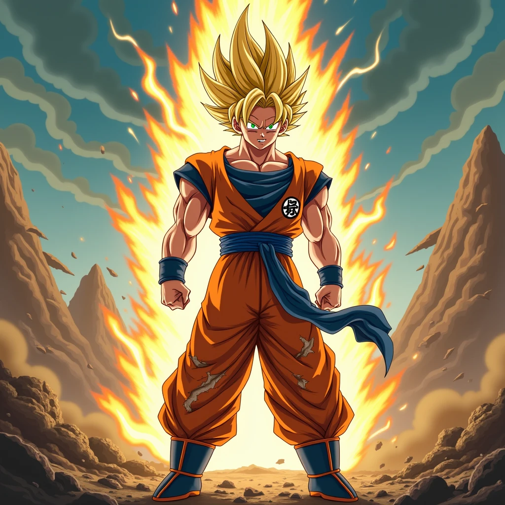 son goku, 1boy, angry, battle damage, blonde hair, blue sash, clenched teeth, furious, green eyes, male focus, muscular, muscular male, pectorals, sash, solo, spiked hair, super saiyan, super saiyan 1, teeth, topless male, torn clothes, wristband, ((masterpiece))
