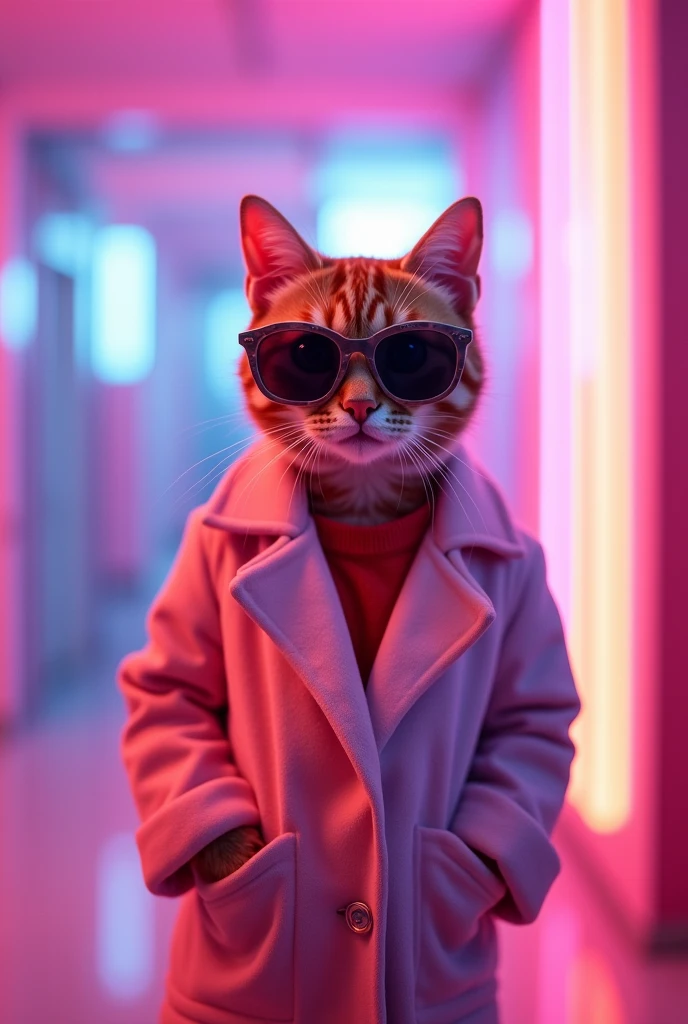 The best mobile wallpaper, Award-winning wallpaper, Portrait Photography, In front view is a portrait of a cute cat wearing 1980s fashion, Side view shot, Shot with Canon EOS R5, Setting a stark contrast that accentuates the subject, Fluorescent pink and lavande shade, Wearing a very fashionable lounge coat and sunglasses are a hip 1980s style, Clothing all in one color light pink, Beautiful background