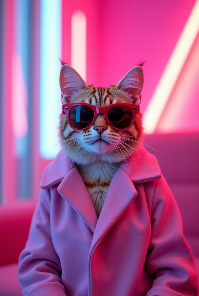 The best mobile wallpaper, Award-winning wallpaper, Portrait Photography, In front view is a portrait of a cute cat wearing 1980s fashion, Side view shot, Shot with Canon EOS R5, Setting a stark contrast that accentuates the subject, Fluorescent pink and lavande shade, Wearing a very fashionable lounge coat and sunglasses are a hip 1980s style, Clothing all in one color light pink, Beautiful background