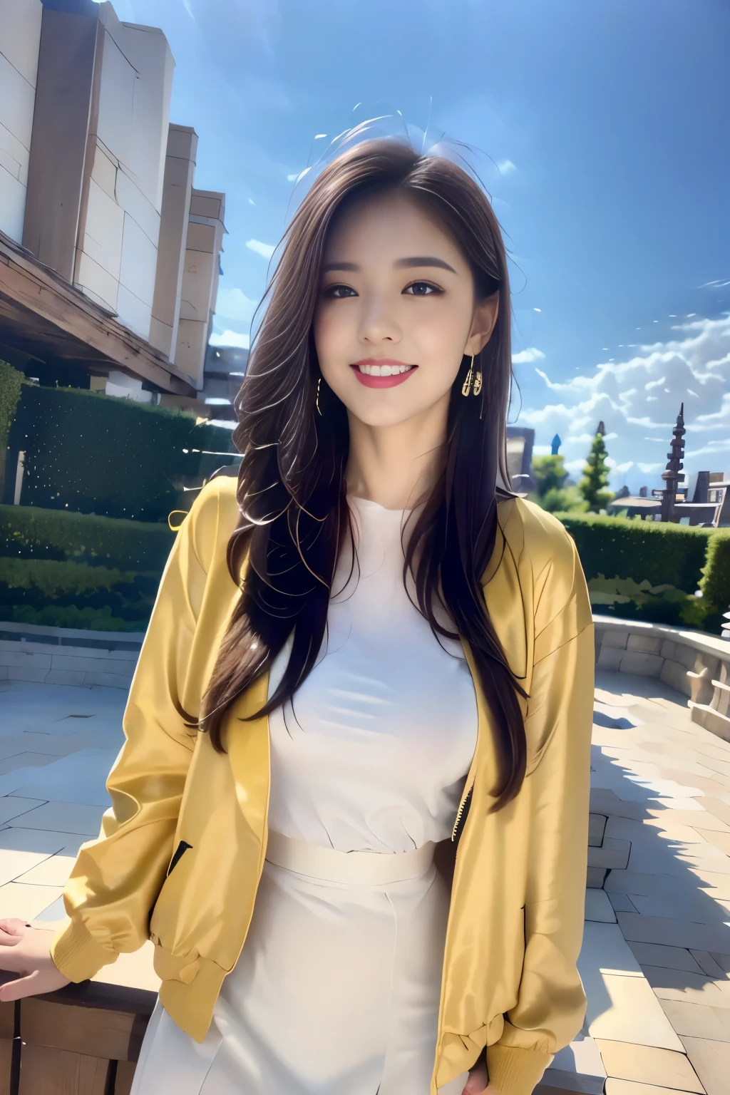 ((Highest quality, 8k, masterpiece :1.3)),Idol,outside,Tokyo Disneyland,Cinderella Castle,squirt,(Full Body Shot),smile,Perky drooping breasts,Beautiful pose,Looking into the camera,Red lipstick:1.2, double eyelid,Navy blue mini skirt,(White blouse),(masterpiece: 1.3), (Maximum resolution: 1.4), (Ultra-high resolution: 1.2), Cinematic Light, Ultra-high resolution, Detailed eyes and skin, 8k resolution, Perfect Style, Beautiful expression,Highly detailed face,Glossy Lips:1.2,Straight Hairstyles,Look forward,(Yellow Jacket),Very tall,blue sky