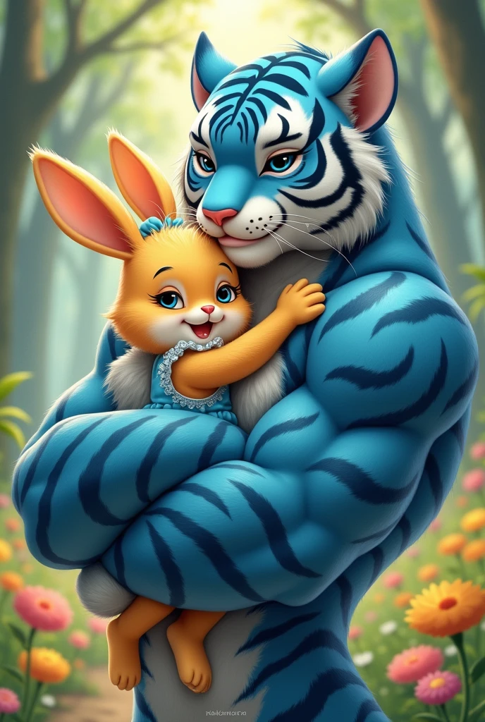 A furry anime bunny with yellow fur wearing a blue dress while being carried by a muscular cyan furred tiger with blue stripes