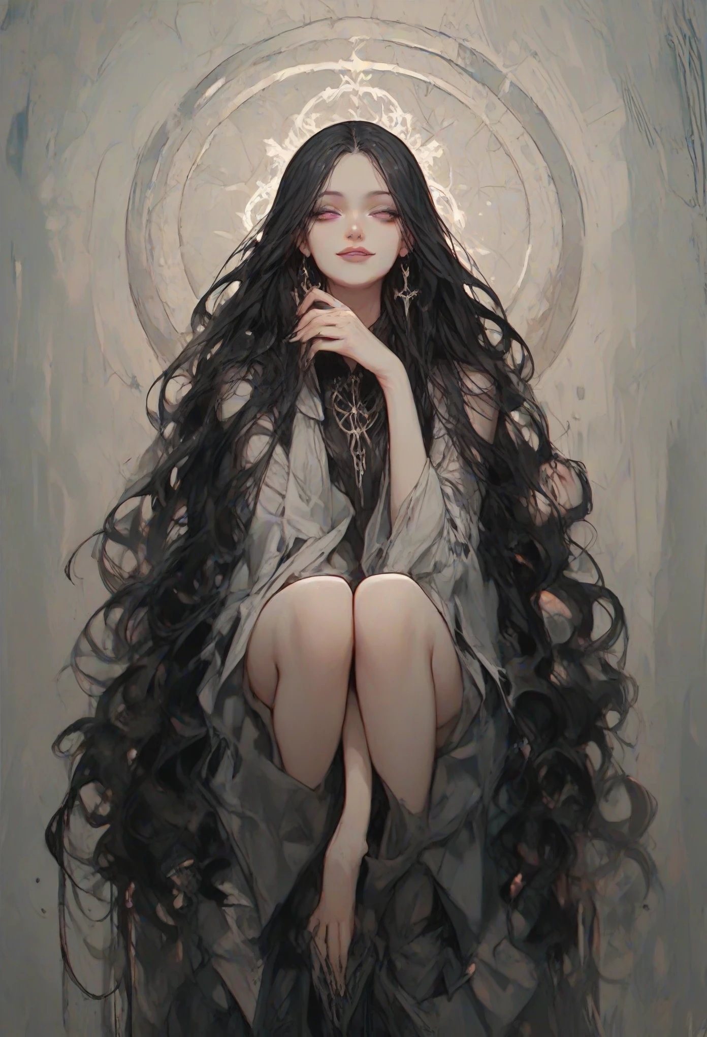 Priestess, black long hair, dark circles under eyes, cold eyes, narrowed eyes, purple eyes, black long flowing garments, smiling slughtly, omnious feeling, demon in disguise, sitting, full body, 