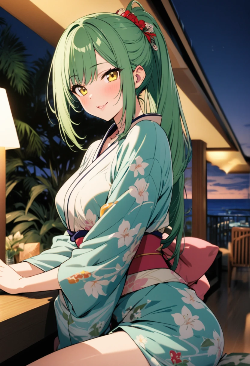 (Tropical hotel style), (relax pose), (solo:2, 15 yo), (beautiful detailed ponytail green hair long hair) (best beauty girl) (beautiful sexy yellow eyes) (cute smile) (glossy lip, love smile), (medium tits), in a cute kimono, break, in the Resort hotels in Okinawa, background beautiful ocean and night ski, BREAK, 16K, masterpiece, best quality.