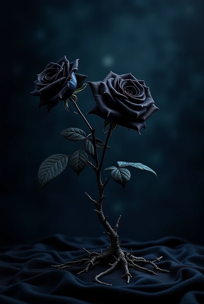 A velvety black background in gradient with blue, with black roses with thorny roots.