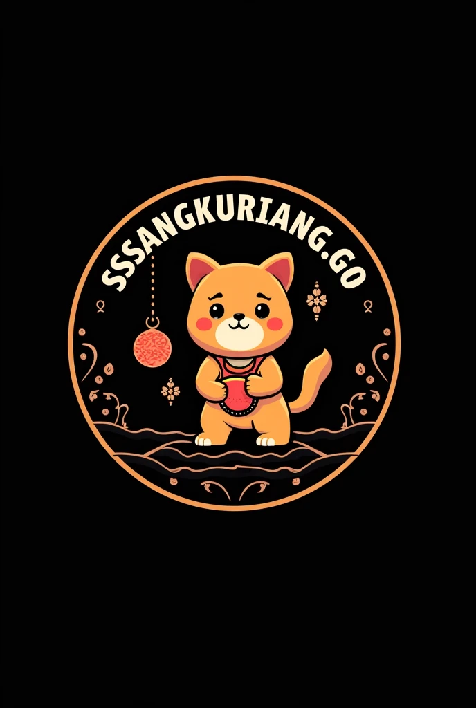 a circle logo, a sangkuriang folklore mascot, "SSSANGKURIANG.GO" text in the middle, black background, detailed logo design, minimalist style, clean lines