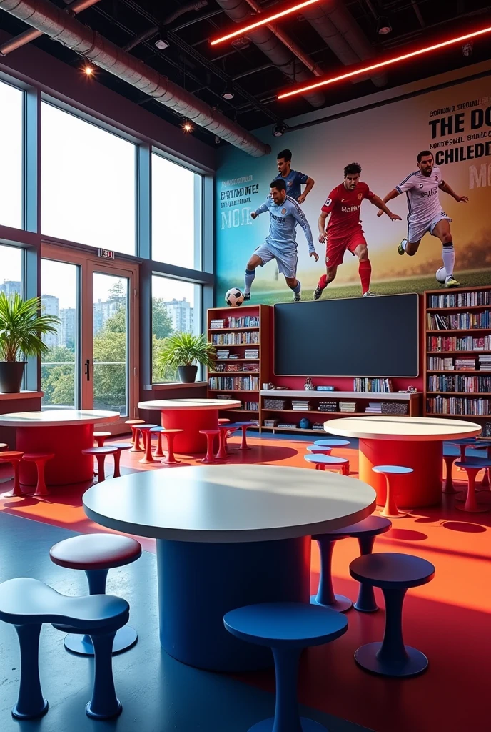  A learning centre room with the design of Cristiano ronaldo and Messi  and blackboard shelf students table 