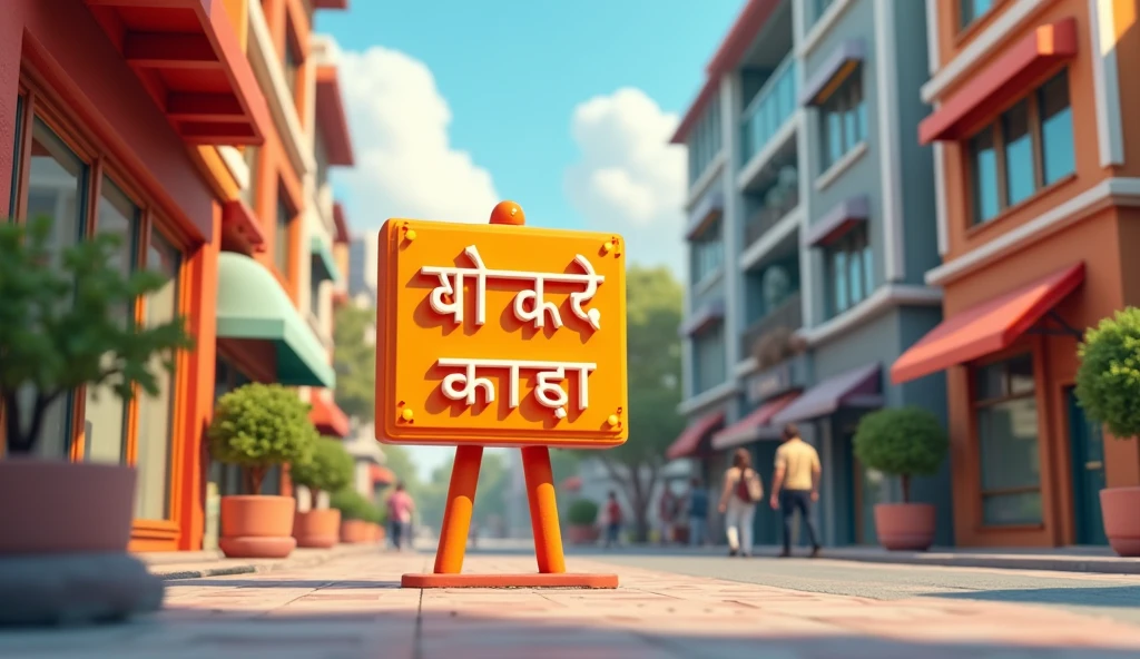 Create square a sign board in front side office where they mentioned this letter on the board "हालाँकि, इस दुकान की एक शर्त थी जिसका पालन हर महिला को करना पड़ता था। शर्त के अनुसार, जब आप किसी भी मंजिल का दरवाज़ा खोलेंगी तो आप उस मंजिल से एक आदमी चुन सकती हैं, लेकिन अगर आप एक मंजिल ऊपर जाती हैं, तो आप इमारत से बाहर निकलने के अलावा वापस नीचे नहीं जा सकतीं" create 3d style image