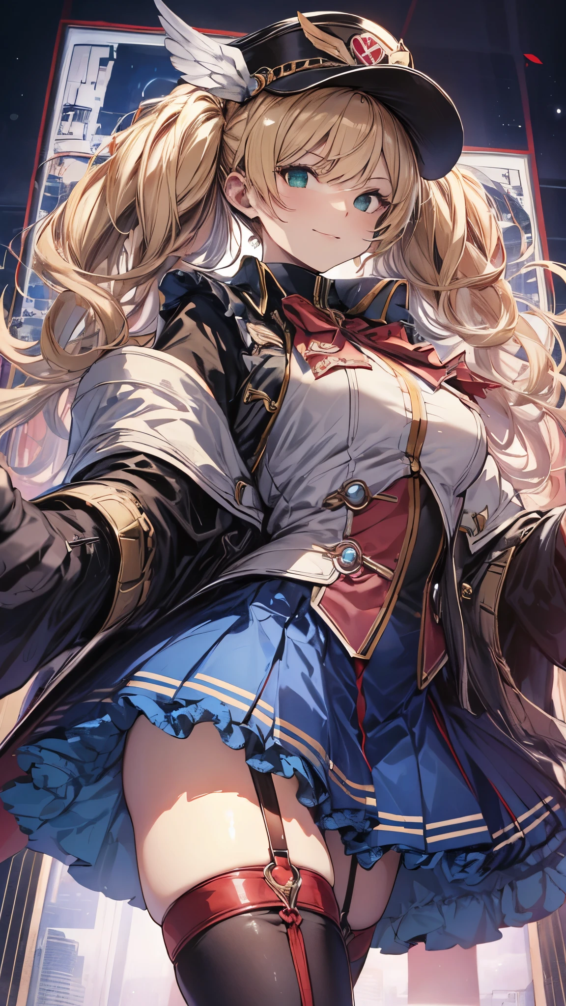 (cowboy shot,from below),weisswindval,evil smile, twintails,(black peaked cap), green eyes,(long coat:1.3),(blue skirt), white thighhighs, elbow gloves,contrapposto,masterpiece,Noise Reduction,perfect anatomy,high resolution, ultra-detailed, ultra-detailed face,game cg,dutch angle ,beautiful detailed eyes,visualart,five fingers, perfect hands, perfect lighting, sparkling pupils,