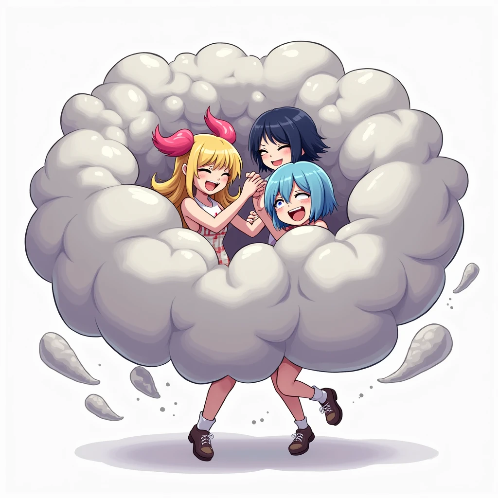 An anime-style illustration depicting three girls playfully wrestling with each other inside a gray comical fight cloud (big ball of cloud).
each girl has different  colored hair: one with blonde braided,another  with pink pony tailes,and one with blue bobcuts.
their faces,hands,and feet are visible emerging from the cloud as they tussle humorously,  with the rest of their bodies completely hidden inside the cloud.
the illustration emphasizes the humorous and energetic nature of their scuffle,with a fluffy  andexaggerated fight cloud.