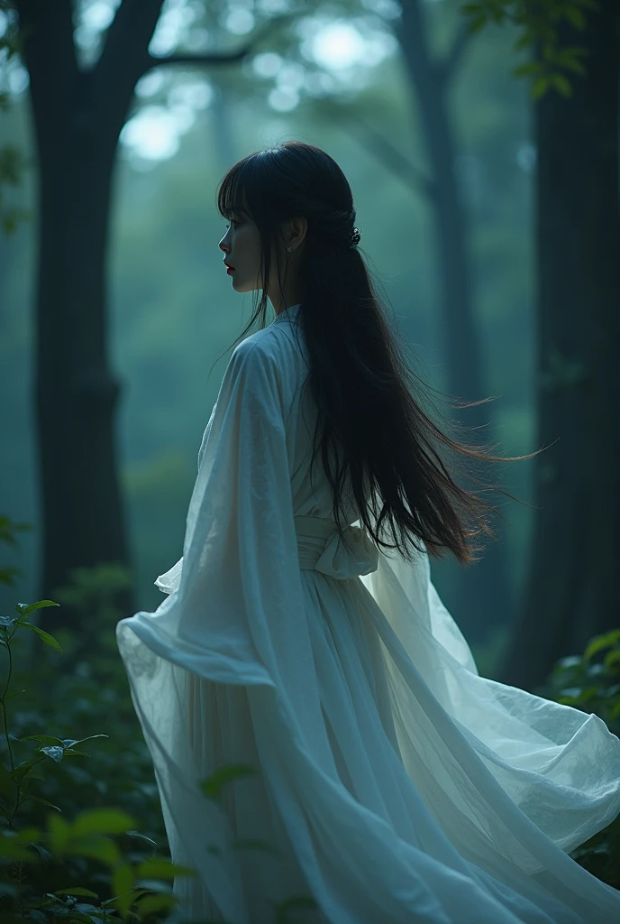 Ghost of a long-haired Japanese woman wearing white clothes with long bangs、My face is hidden