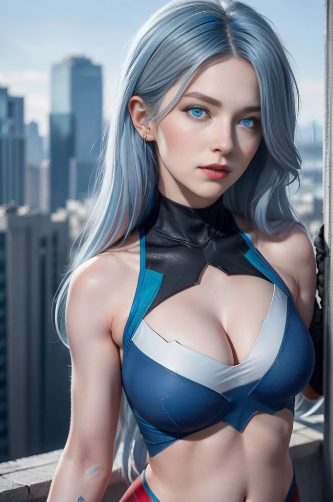 (high quality, masterpiece, detailed), skyscraper, detailed background, alone, spider gwen, Gray Hair, ((Rainbow Hair)), red spandex, Long Hair, hair band, 1 Female, Crop top, Owl Symbol, gloves, belly button, On the roof of a building, Perfect Face, Beautiful Eyes, View your viewers, Sexy pose, cleavage, (beautiful blue eyes:1.4)