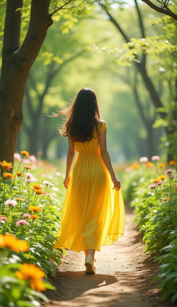 table top, best quality, realistic, in detail, highest resolution, 8K wallpapers, Complete dynamic configuration, beautiful and delicate eyes, medium hair (The division seems real)、smile、Adult beauty、japan

"Min-young&#39;s back view as she walks along a small path among various flowers and trees in the forest. Minyoung is wearing a yellow one-piece dress."