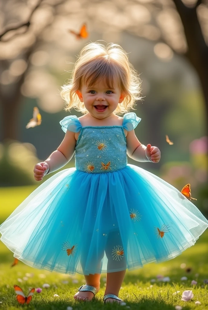 a three-year-old child dressed in a blue tutu with little webs embroidered on the clothes