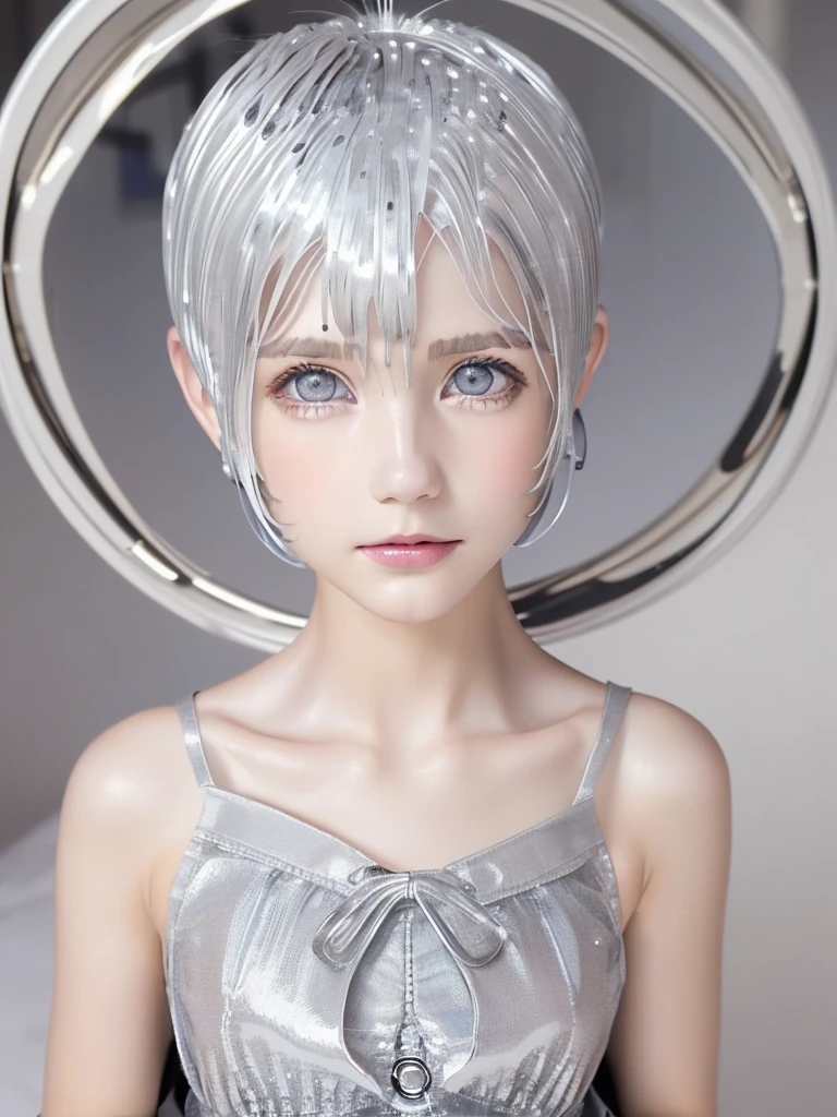 A pretty girl, beautiful detailed eyes, beautiful detailed lips, extremely detailed eyes and face, long eyelashes, elegant, graceful pose, serene expression, soft natural lighting, highly detailed, 8k, photorealistic, cinematic lighting, intricate details, masterpiece,Highres fix,Portrait,School uniforms,Bright expression,Younger,brighter, whiter skin,Gloss Face,Cheek gloss,Best Looks,(Platinum silver short hair:2.0),Shiny bright hair,silky hair,charming big clear blue eyes,dorropy eyes,cutei eyes,Very beautiful,lovely girl,cute girl,perfect breasts