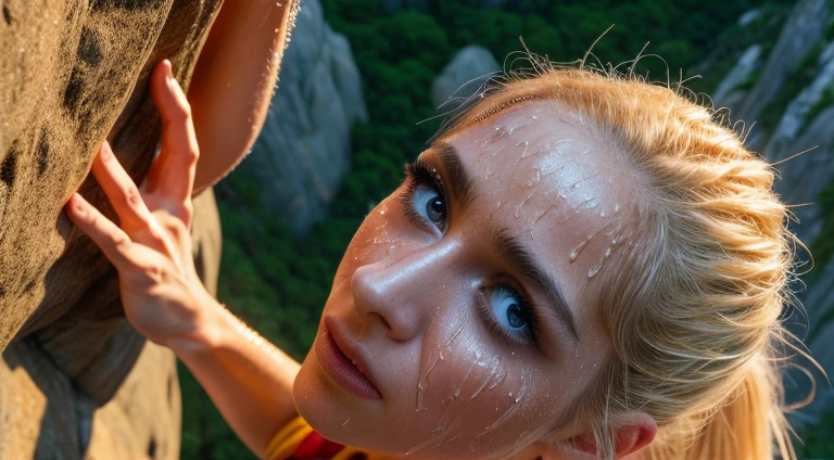 A beautiful female rock climber is climbing the high cliff, from above, close up her face, POV, looking up the viewer, Skin that shines wet with sweat, Flowing blonde hair, intense expression, Cinema Lighting, Vibrant colors, (Highest quality, High resolution, masterpiece, Super detailed, Realistic, photo realistic), Very detailed face and eyes, Very detailed, hyper Realistic, Professional photography, Cinema Lighting, Dynamic action scenes, Sports Photography