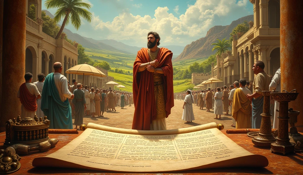 Create an image that symbolizes financial planning with a biblical twist. Show an unrolled ancient scroll with a detailed strategic plan, while Solomon, in a vibrant market scenario, observe carefully. Ao fundo, an illustrative mural divides the scene into two parts: one shows prosperity and growth, with green fields and robust buildings, representing the result of diligent planning; the other shows a barren and deteriorated landscape, representing the consequences of haste and lack of planning. Add elements like an antique compass and calculating tools to reinforce the importance of strategic and careful guidance..