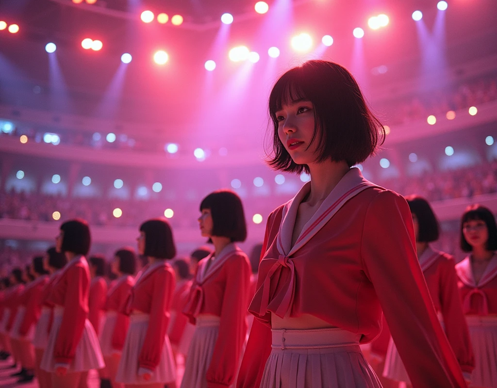 [Japanese Clone girls=Myself], [Perfect Clone girls Raw Photography Art], [16K, Highest quality, Ultra-high resolution], (((Unrealistic, Unprecedented sight, (((A World of Myself Proliferation, Ultra-realistic)))))), (Japanese, woman, 22-year-old, Saito-Asuka), ((Small face, Brown and black hair, Short Hair)), ((Very beautiful detailed girls, Accurate body structure, Very detailed and perfect super busty body)), ((amazing super big tits, Large, swelling breasts)), (Dark Eyes, Mature face, Cute Smile, A gentle gaze), (Happy laughter), [[(((((Very detailed, 1girl-1,000,000,000,000,000,000,000,000,000,000,000,000,000cloning girls))))), (((((A very detailed and precise description of the doppelganger, Perfectly the same girl, The exact same smile, Perfect same hair, Perfect same clothes, Exactly the same height, Perfect same super busty))))), (((((Myself only))))), (((Very detailed, on stage, Idol Group, Nogizaka46's stage costumes, 30,000Myself))), (((Very detailed, Audience seats, camisole, 150,000,000Myself)))]], (((Perfect description, Smiling face, hug, wave hands, Matching poses, Matching dance))), (((Very detailed, Super crowded in a different dimension, Abnormal crowding, Super crowded))), (Large Concert Hall, Front bright light, Illuminated by spotlights, Live Stage Lighting), (((Wide field of view, Very detailed and clear hyper-perspective drawing)))),top view, Group photo of idol group