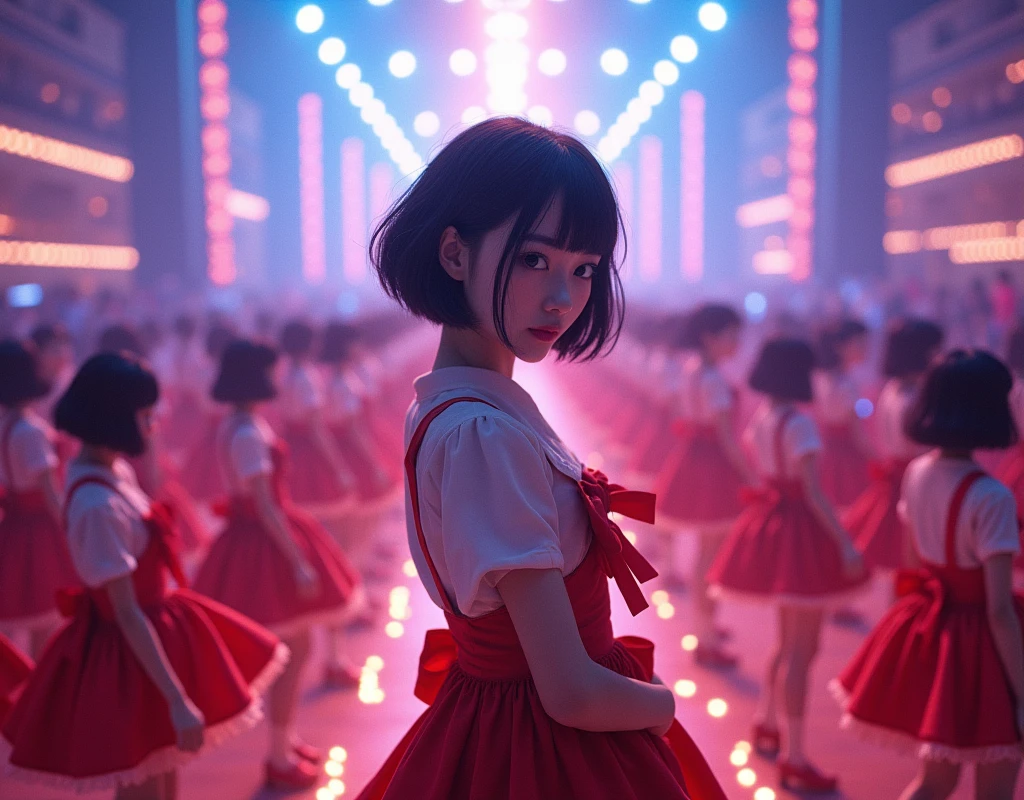 [Japanese Clone girls=Myself], [Perfect Clone girls Raw Photography Art], [16K, Highest quality, Ultra-high resolution], (((Unrealistic, Unprecedented sight, (((A World of Myself Proliferation, Ultra-realistic)))))), (Japanese, woman, 22-year-old, Saito-Asuka), ((Small face, Brown and black hair, Short Hair)), ((Very beautiful detailed girls, Accurate body structure, Very detailed and perfect super busty body)), ((amazing super big tits, Large, swelling breasts)), (Dark Eyes, Mature face, Cute Smile, A gentle gaze), (Happy laughter), [[(((((Very detailed, 1girl-1,000,000,000,000,000,000,000,000,000,000,000,000,000cloning girls))))), (((((A very detailed and precise description of the doppelganger, Perfectly the same girl, The exact same smile, Perfect same hair, Perfect same clothes, Exactly the same height, Perfect same super busty))))), (((((Myself only))))), (((Very detailed, on stage, Idol Group, Nogizaka46's stage costumes, 30,000Myself))), (((Very detailed, Audience seats, camisole, 150,000,000Myself)))]], (((Perfect description, Smiling face, hug, wave hands, Matching poses, Matching dance))), (((Very detailed, Super crowded in a different dimension, Abnormal crowding, Super crowded))), (Large Concert Hall, Front bright light, Illuminated by spotlights, Live Stage Lighting), (((Wide field of view, Very detailed and clear hyper-perspective drawing)))),top view, Group photo of idol group