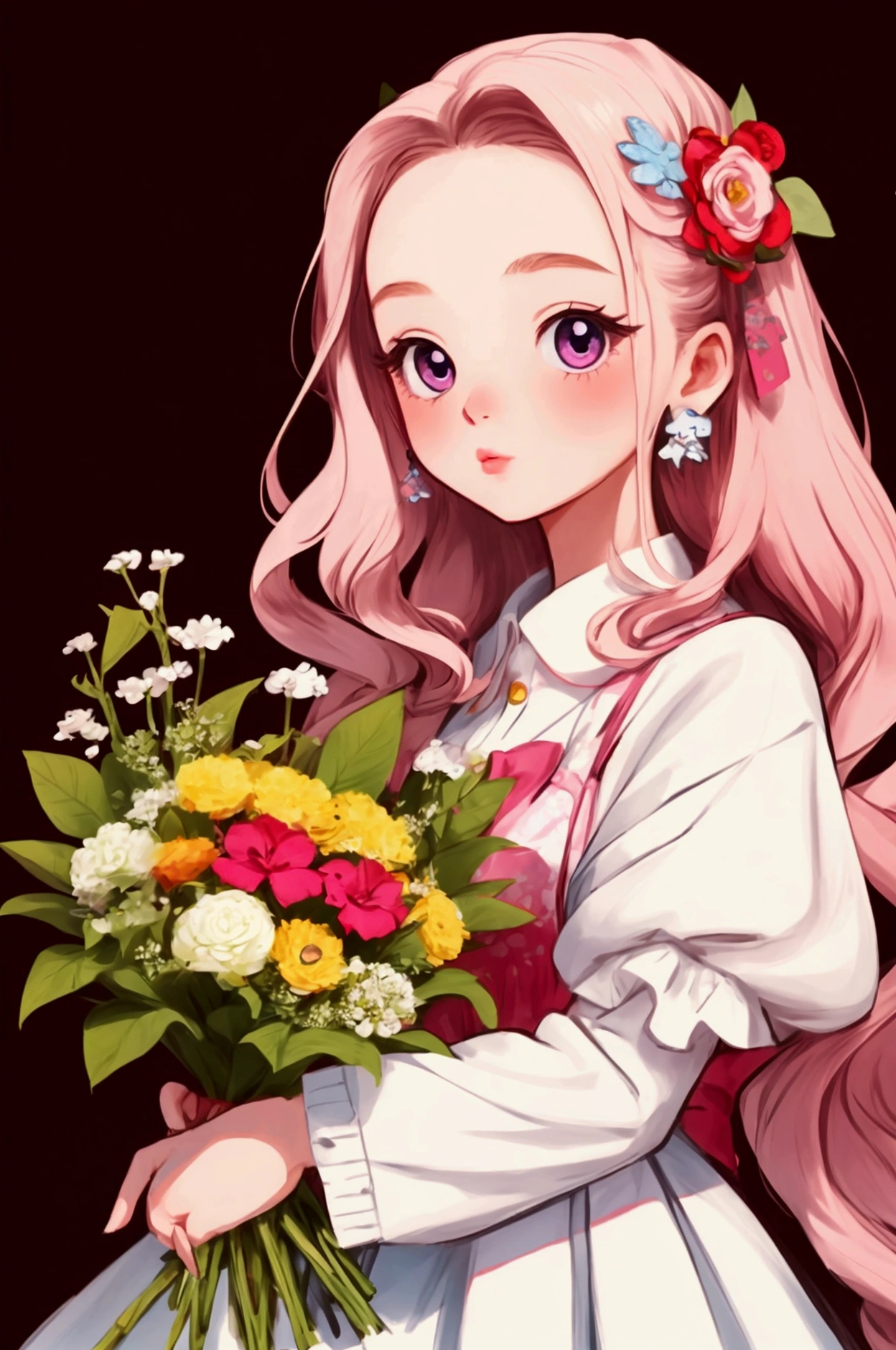 Highest quality、Very detailed、Girl holding a bouquet、Pomeranian、cute、pop、colorful