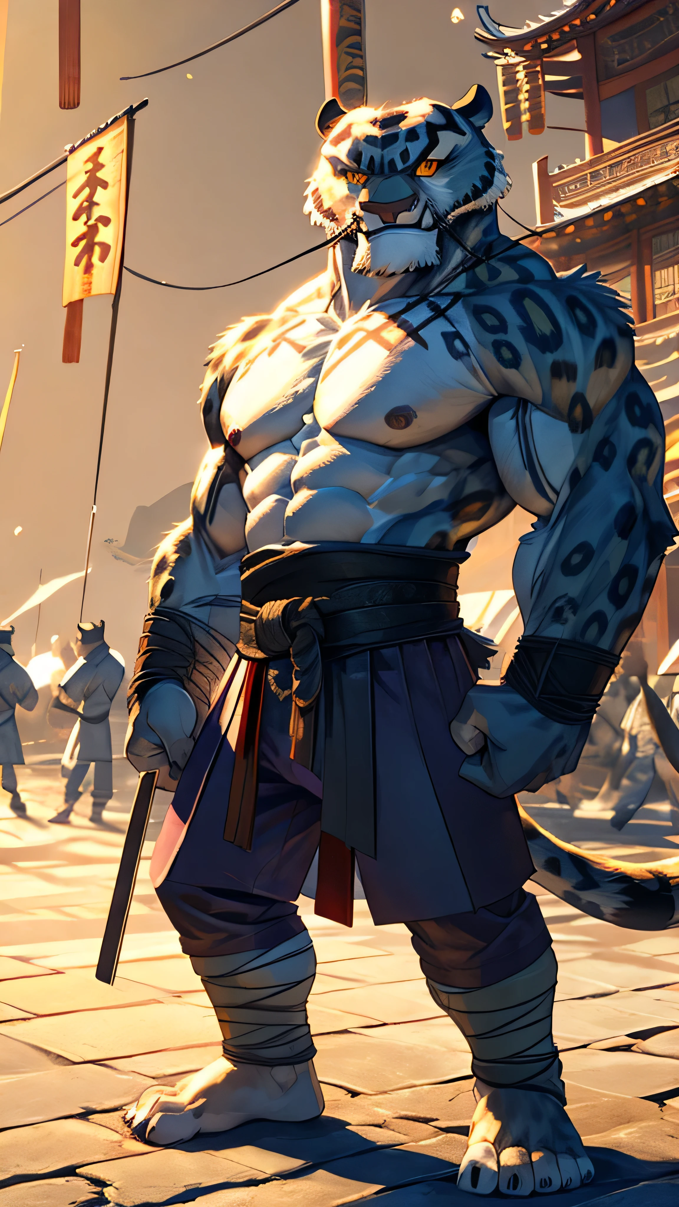 Tai Lung from Kung Fu Panda, tall, snow leopard, furry, full furry body, extremely beautiful and handsome face, muscular body, shirtless, six pack abs, amber eyes with golden sclerae, wears a purple pants and brown sash, shaolin leg wraps, bare feet, China streets background, standing in the fighting stance 
