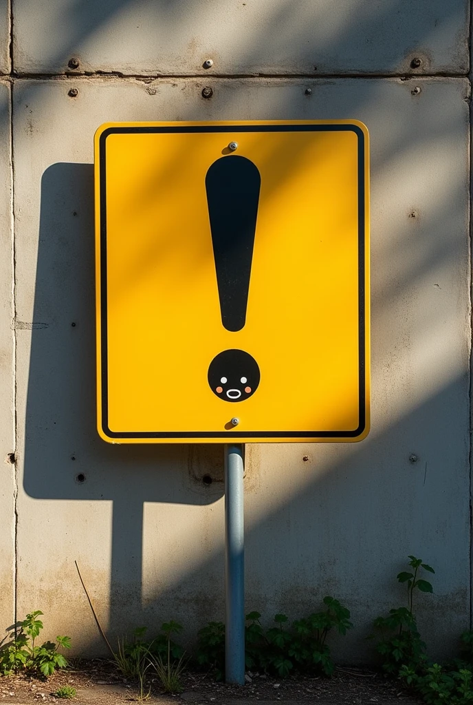Uma placa de alerta boladona e seria com o sinal de alerta com um rostinho