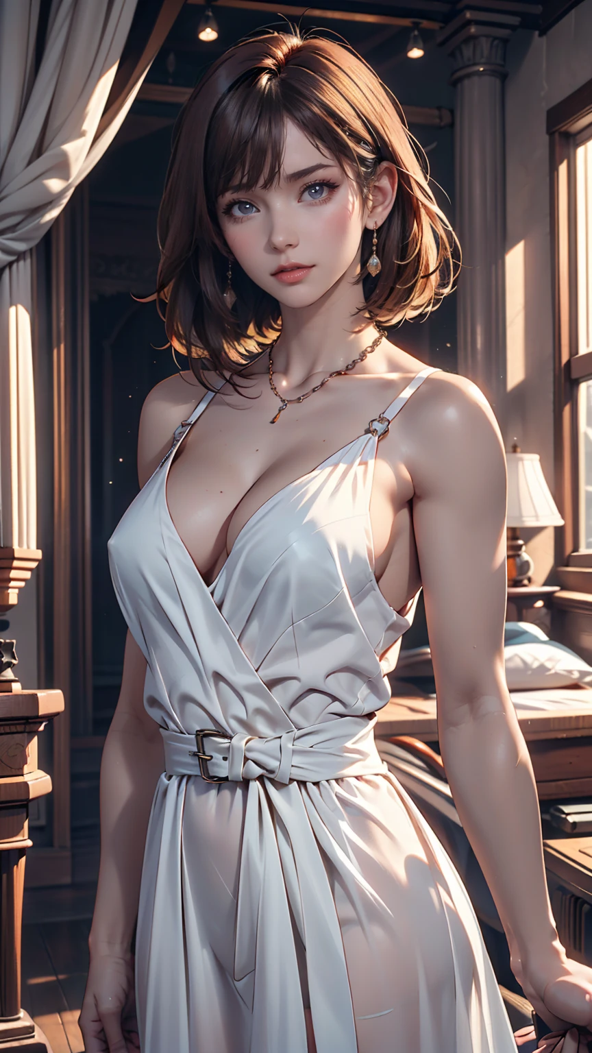 RAW Photos, Full body photo of ceciliadeo1sd,Auburn Hair, Short Pixie Haircut, Pale skin, The body is slim, Room Background, Blue silk veil,Thin silk chain belt, (Skin with attention to detail:1.2), 8K Ultra HD, Digital SLR, Soft lighting, high quality, Film Grain, Fujifilm XT3、sexy dresses、Shoulder exposed