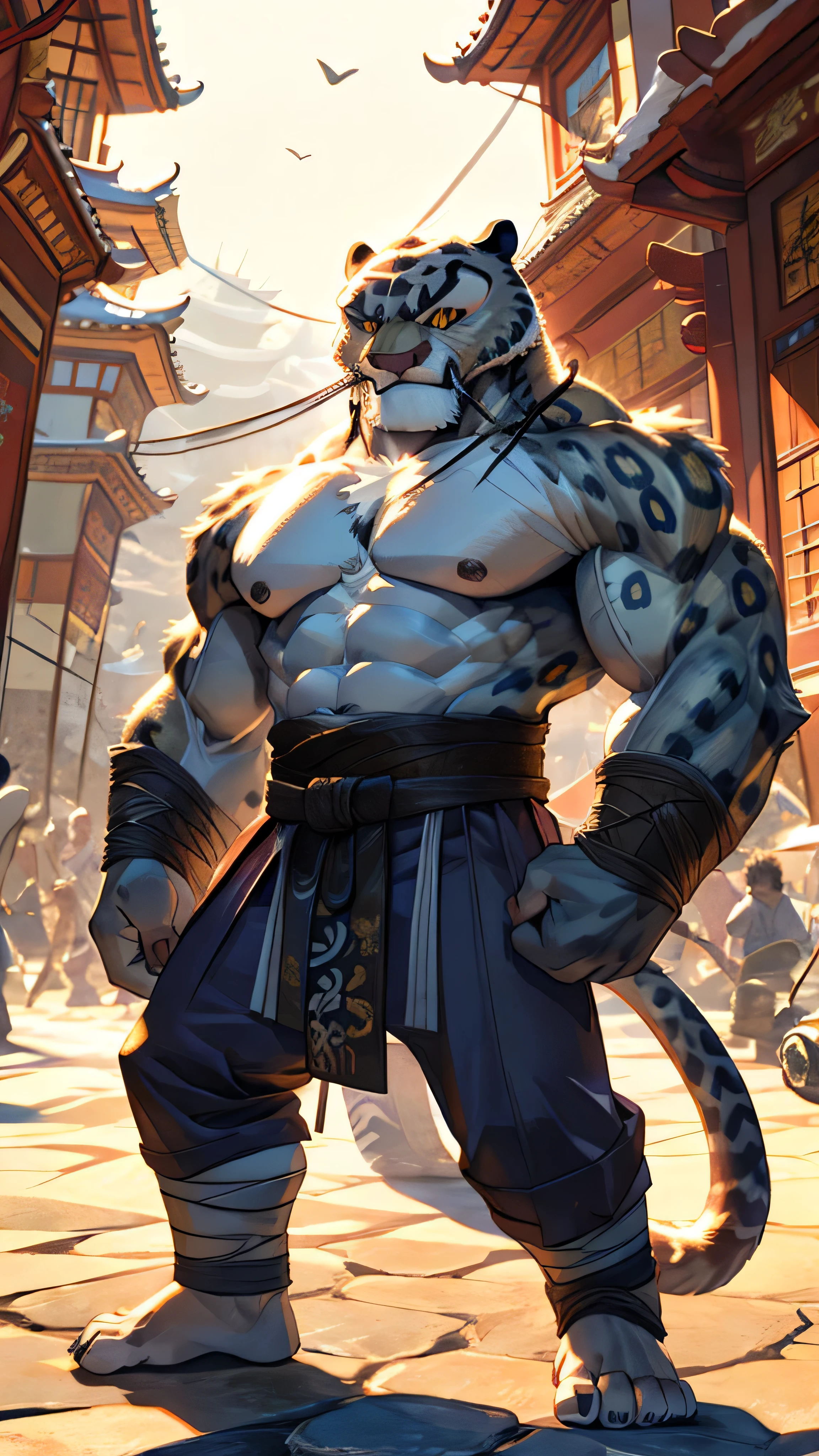 Tai Lung from Kung Fu Panda, tall, snow leopard, furry, full furry body, extremely beautiful and handsome face, muscular body, shirtless, six pack abs, amber eyes with golden sclerae, wears a purple pants and brown sash, shaolin leg wraps, bare feet, China streets background, standing in the fighting stance 
