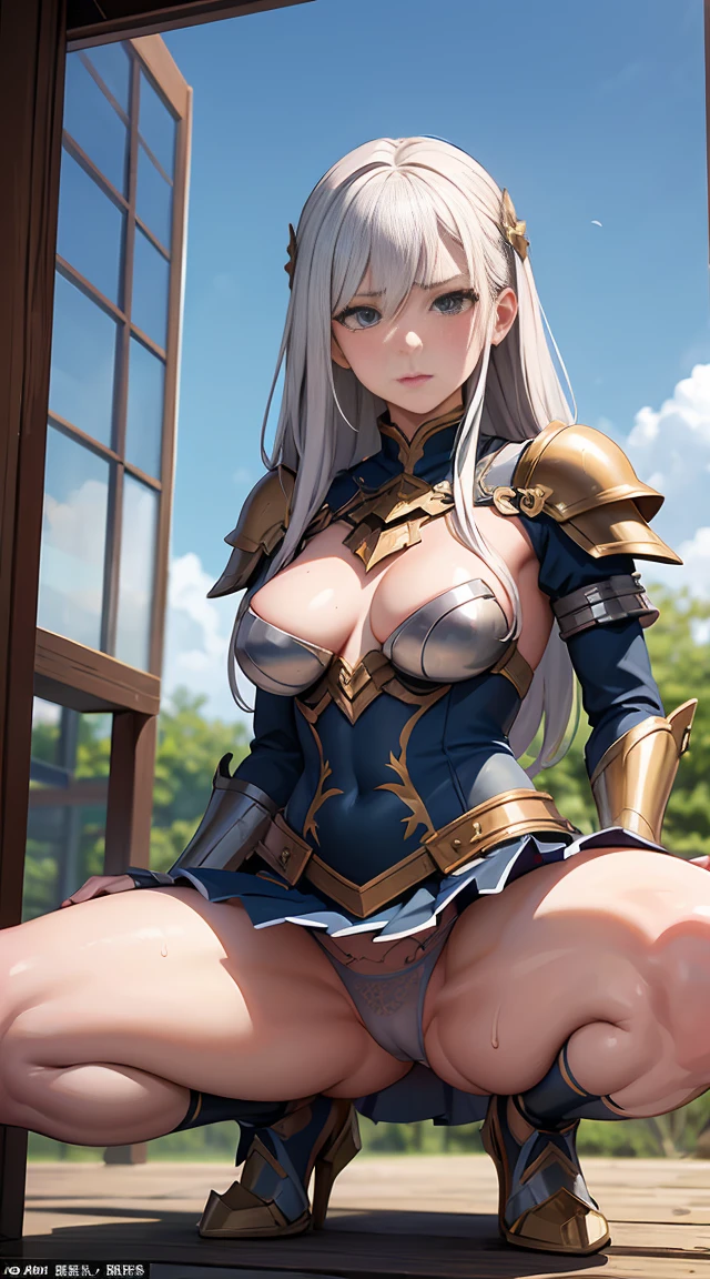 Highest quality, masterpiece, Intricate details, One woman, Age 25, Mature Woman, Cinematic lighting、Female Warrior Paladin、Platinum armor with beautiful and delicate floral embroidery.、Severely Damaged Armor:1.5、Low-rise skirt、Polka dot micro panties:1.5, slim、sweaty skin, squatting:1.2, legs spread:1.4,  imprisoned in prison、Chained、Angry face、Sweaty、blush、whole body、Eyes from below、