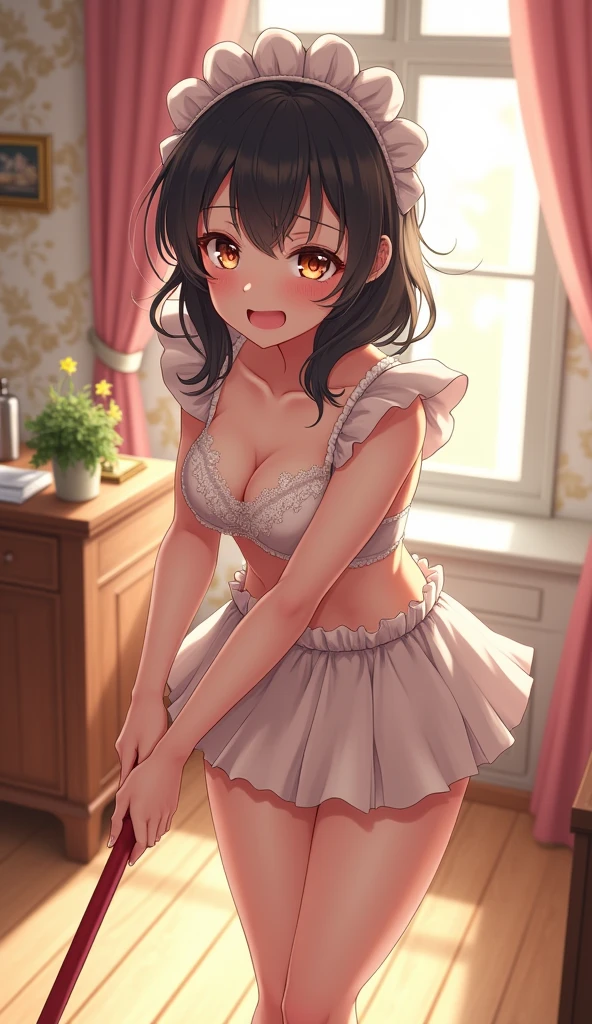 1 maid who was mopping the floor in sexy clothes, only wearing a bra and panties, looked at me with a little embarrassment. (graphics like in anime)