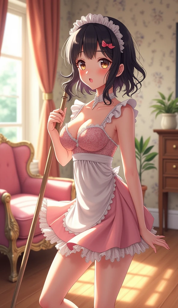 1 maid who was mopping the floor in sexy clothes, only wearing a bra and panties, looked at me with a little embarrassment. (graphics like in anime)