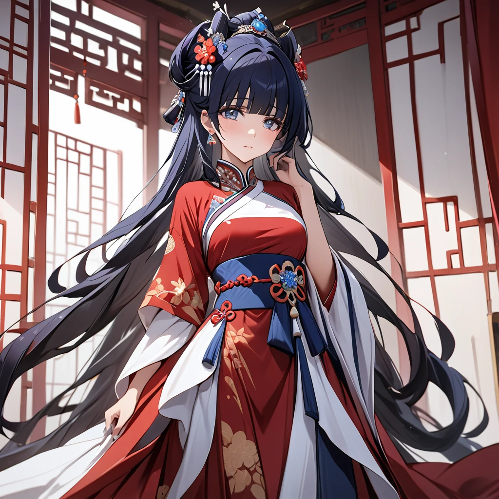 ((Highest quality)), ((masterpiece)), (detailed), (Perfect Face)、The woman is Aoki Reika, with midnight blue, medium-long hair, wearing the luxurious costume of an ancient Chinese empress and a gorgeous hair accessory.
