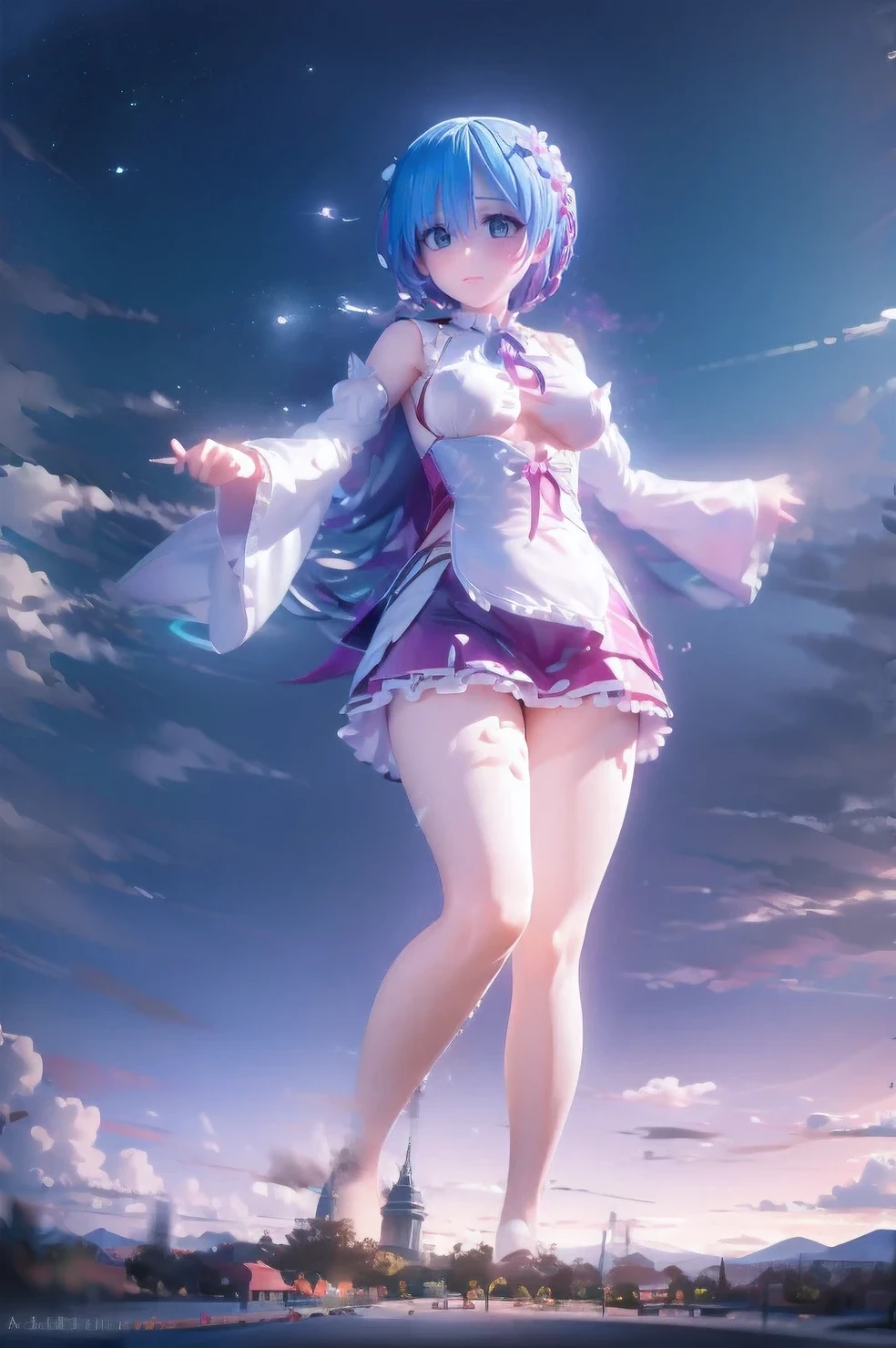 (Ultra mini skirt)、Fisheye Lens、((Long legs))、Super huge breasts、Plump thighs、looking at the camera、Embarrassed、Sweat it out、Giant art, highly detailed Giant shots, Giant, Two legs, Five Fingers, short hair, beautiful, larger than a skyscraper, smile, Big Breasts,Super huge breasts、Plump thighs、(((Rem from Re:Zero)))、((((Maid clothes))))、、looking at the camera、High qualityHigh quality、8k、((照れたsmileでウインク))、(((((Full body description)))))、Low angle camera、Chest、Fantastic、Clothes so tight they seem about to burst、Aqua-sama、(((A giant Rem 400 meters tall))),Reaching out、looking at the cameraで
, Destroy a city, a very small big city, Miniature metropolis, Description of the whole body, GTS, giga Giant,Lots of big explosions、fire、 Skyscraper Stomping City, Crush City, Small Town, Micro City, Pantyhose Legs, High resolution, Highest quality, masterpiece,