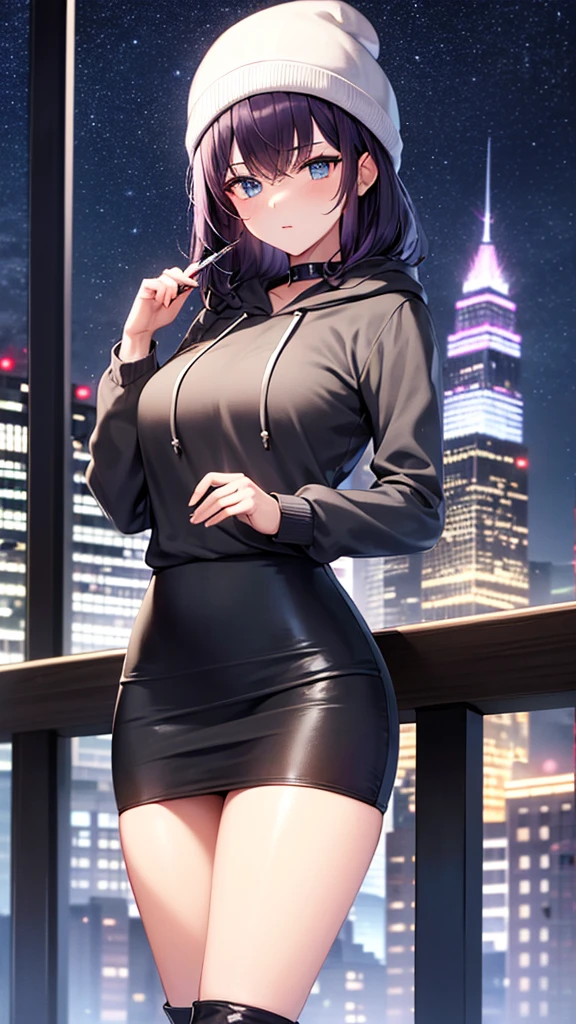 masterpiece, best quality, highres, high detail, beautiful woman, wavy hair, (dark purple hair), (blue eyes), ((blue hoodie)), ((black midi pencil skirt)), long black pencil skirt, ((black skirt)), leather boots, black beanie, looking at viewer, rainy backdrop, storm, clouds, city alley at night, (night sky), reflective light, blue light, neon lights, tower,