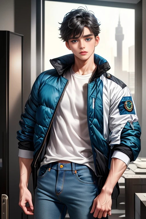 masterpiece, 最high quality, high quality, 1 person, alone, Male focus, Upper Body,Watching the audience, Messy black hair, Adorable big blue eyes, White, Noble, Noble,A sexy, voluminous, and padded green MA-1 flight jacket、White innerwear、jeans,cute beautiful,Cute, cute, kind, handsome guy