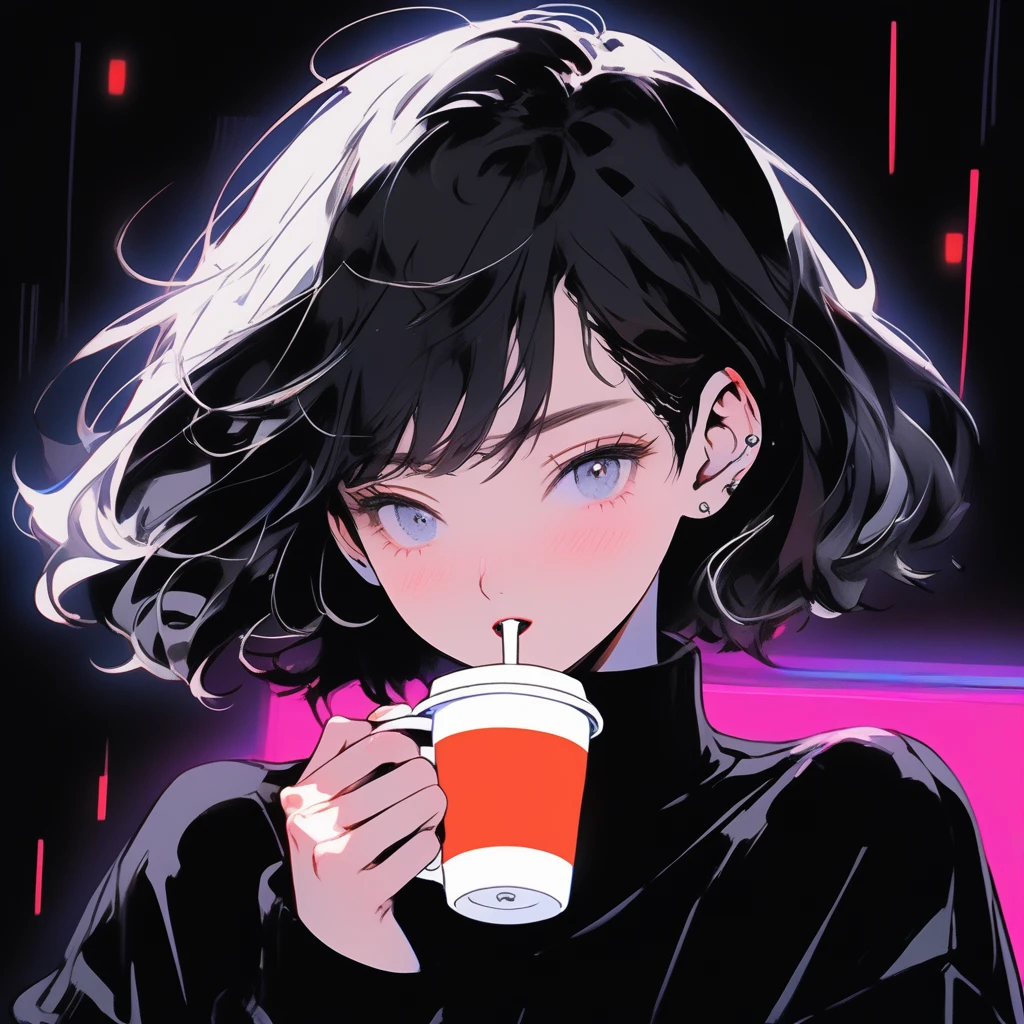 Neon Art,Illustrator, anime , Realistic ,sketch, 1 person, ,lip,Drinking coffee,(masterpiece,Highest quality), Black and silver hair,Very Short Hairstyles,Expressionless,Droopy eyes, (masterpiece,Highest quality) ,whole body,
