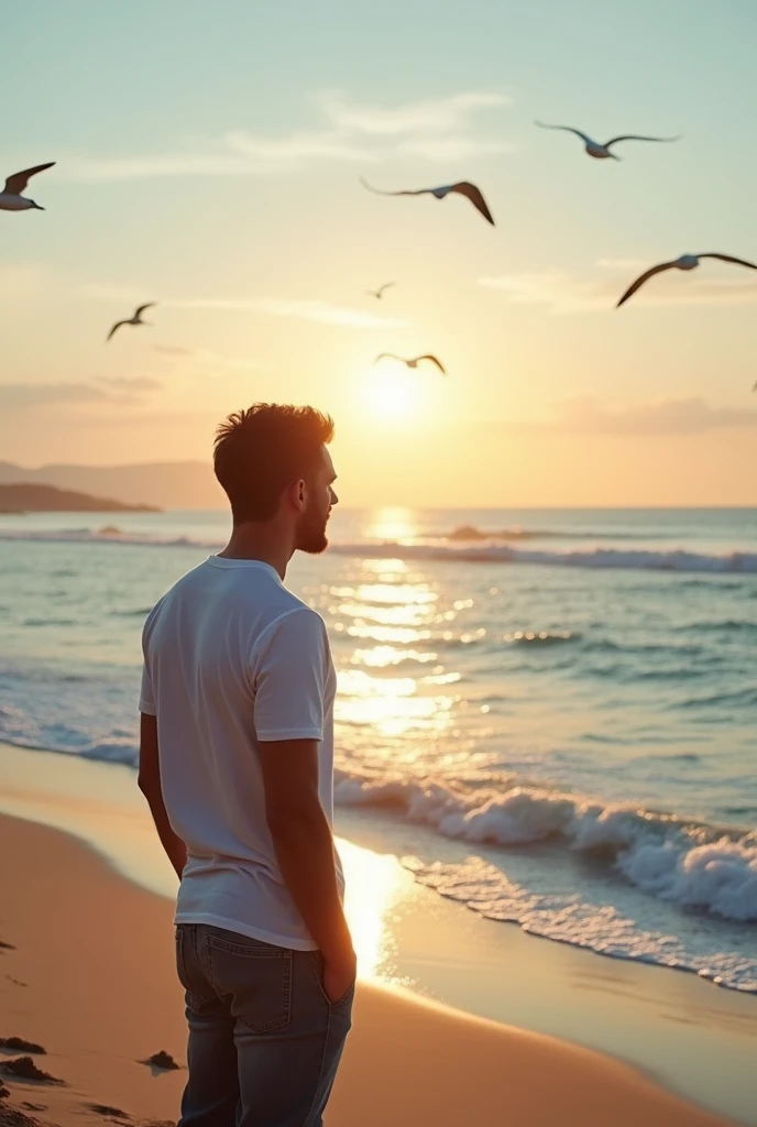 guy age 28 years old who lost their father age 85 years old and older brother age 35 years old in the background on the beach